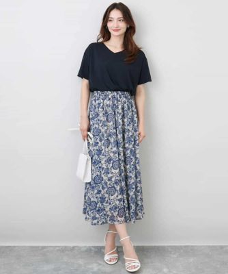 更紗プリント花柄シフォンスカート／洗える