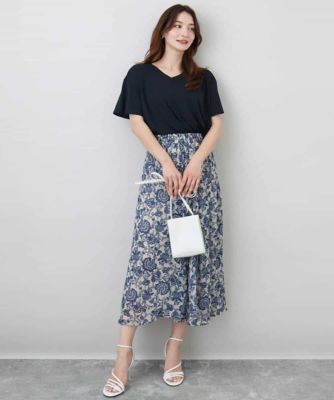 更紗プリント花柄シフォンスカート／洗える