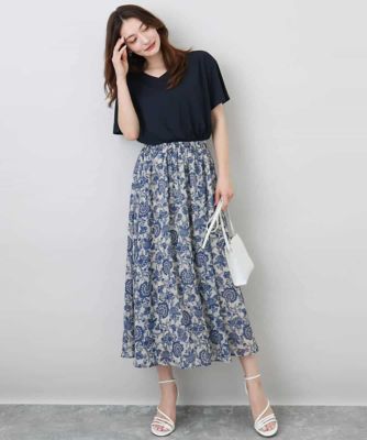 更紗プリント花柄シフォンスカート／洗える