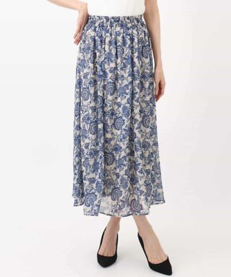 更紗プリント花柄シフォンスカート／洗える