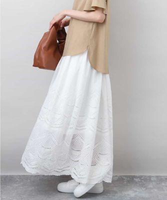 コットン刺繍カットワークギャザースカート／洗える