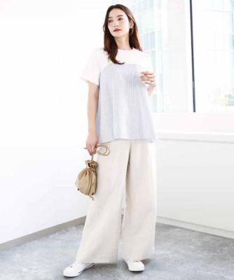 ビスチェレイヤード風フレアーＴシャツ（ストライプ）／洗える