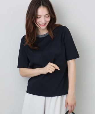 ラメ入りネックデザインＴシャツ／接触冷感／洗える