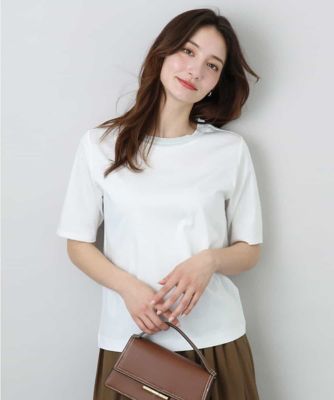 MK MICHEL KLEIN (Women)/エムケーミッシェルクラン ラメ入りネックデザインＴシャツ／接触冷感／洗える