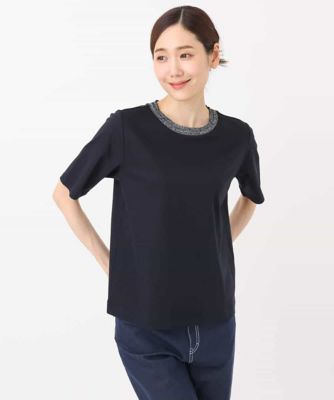 ラメ入りネックデザインＴシャツ／接触冷感／洗える