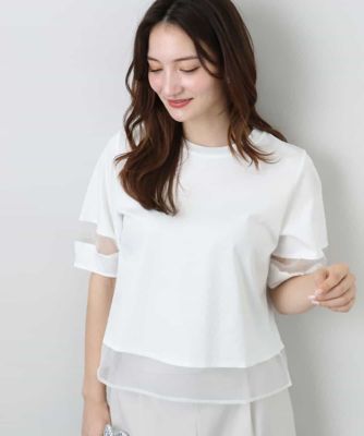 ＜MK MICHEL KLEIN (Women)＞シアー切替えランタンスリーブカットソー／接触冷感／洗える