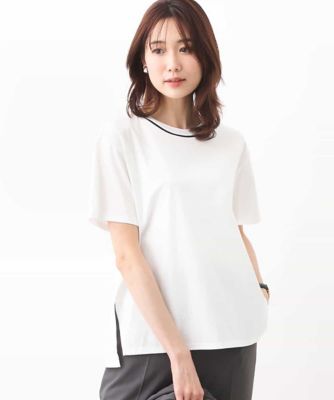 ＜MK MICHEL KLEIN (Women)＞配色ネックデザインＴシャツ／接触冷感／洗える