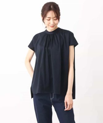 バックパール調釦デザインスタンドネックカットソー／洗える
