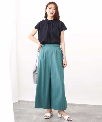 バックパール調釦デザインスタンドネックカットソー／洗える