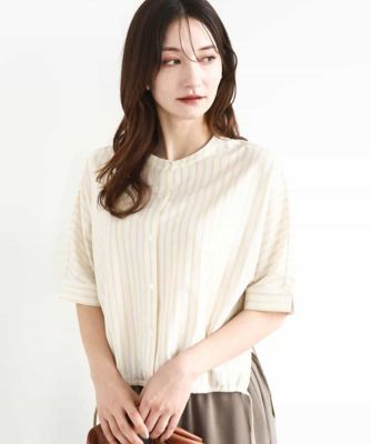 極美品✨️センソユニコ 芽風 近年 アシンメトリー ストライプ 長袖シャツ M A28152夏季• 格纹网纱拼接一字肩上衣胸围78cm-100cm、长度44cm