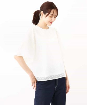 フロッキードット柄フレアスリーブカットソー／洗える