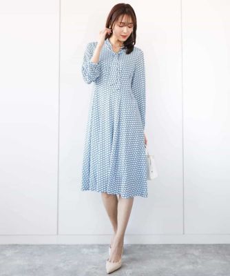 ボウタイデザイン幾何柄ワンピース／洗える