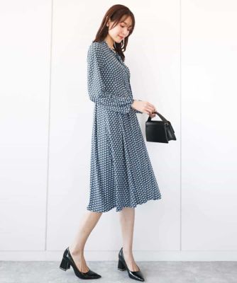 ボウタイデザイン幾何柄ワンピース／洗える