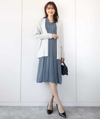 ボウタイデザイン幾何柄ワンピース／洗える