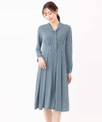 ボウタイデザイン幾何柄ワンピース／洗える