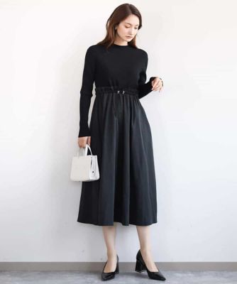 ニット×タフタ　タックギャザー切替えワンピース／洗える
