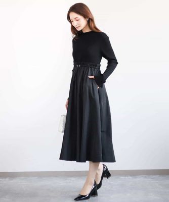 ニット×タフタ　タックギャザー切替えワンピース／洗える