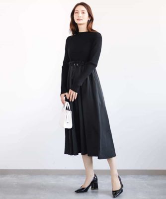 ニット×タフタ　タックギャザー切替えワンピース／洗える