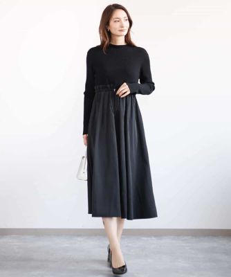ニット×タフタ　タックギャザー切替えワンピース／洗える