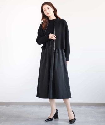 ニット×タフタ　タックギャザー切替えワンピース／洗える