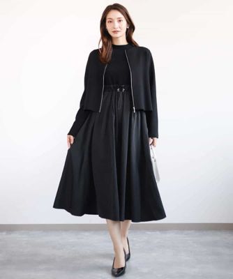 ニット×タフタ　タックギャザー切替えワンピース／洗える