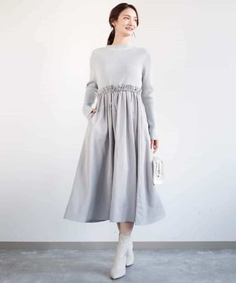 ニット×タフタ　タックギャザー切替えワンピース／洗える