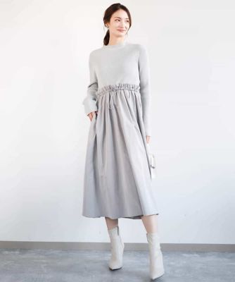 ニット×タフタ　タックギャザー切替えワンピース／洗える