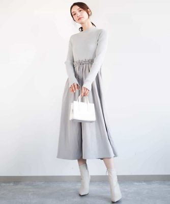 ニット×タフタ　タックギャザー切替えワンピース／洗える