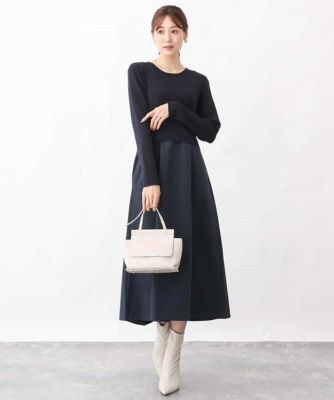 ニット×タフタコンビワンピース／洗える