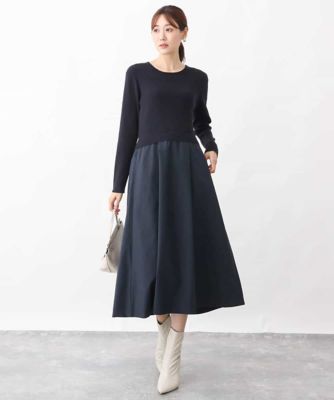 ニット×タフタコンビワンピース／洗える
