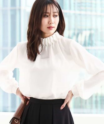 MK MICHEL KLEIN (Women)/エムケーミッシェルクラン スタンドネックデザインサテンブラウス／洗える