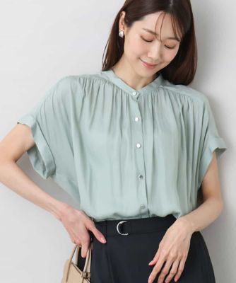 バンドカラーサテンブラウス／接触冷感／洗える
