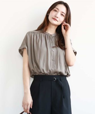 バンドカラーサテンブラウス／接触冷感／洗える