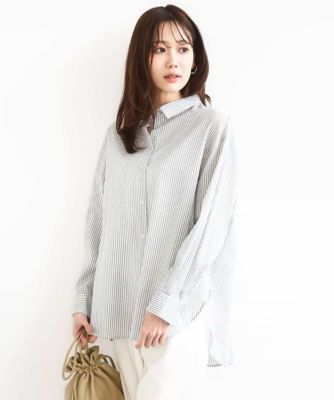 ストライプ柄サッカーシャツブラウス／洗える