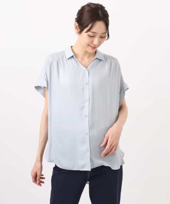 メタル釦デザイン　サテン地ブラウス／接触冷感／洗える