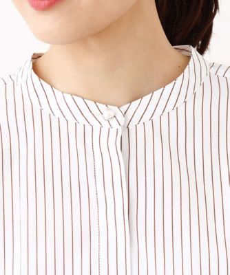 バンドカラーウエストタック八分袖ブラウス／洗える