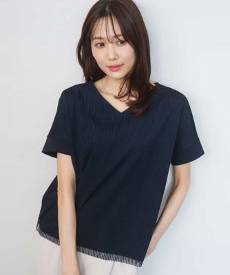 ＜MK MICHEL KLEIN (Women)＞ストライプチュールカットソー／接触冷感／洗える