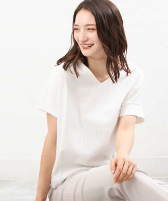 ＜MK MICHEL KLEIN (Women)＞ランダムストライプチュールカットソー／洗える