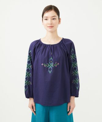 【ＩＮＤＩＡ】フラワー＆ボーラー刺繍ブラウス