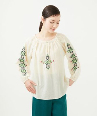 【ＩＮＤＩＡ】フラワー＆ボーラー刺繍ブラウス