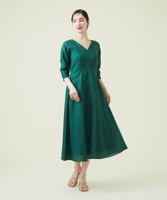 【ＭＯＮＯＴＯＮＥ】平織りリネンＶネックフレアドレス