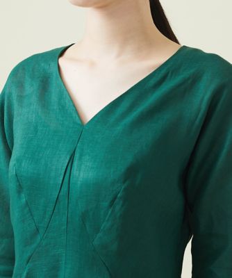 【ＭＯＮＯＴＯＮＥ】平織りリネンＶネックフレアドレス