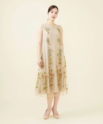 フラワー刺繍チュールノースリーブドレス