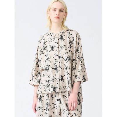 ミズイロインド　フラワープリントワイドシャツ　リネン混　美品　再お値下げ☆ mizuiro ind (ミズイロインド) レーヨンリネンプリントワイドシャツ