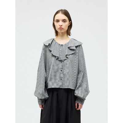 ＜mizuiro ind (Women)＞ｍｉｚｕｉｒｏ　ｉｎｄ　チェックフリルギャザーカラーシャツ