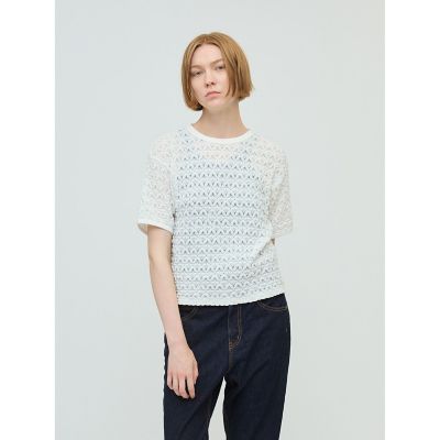 ＜mizuiro ind (Women)＞ｍｉｚｕｉｒｏ　ｉｎｄ　ストレッチレースクルーネックＴシャツ