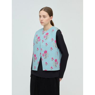 値下げ12/25まで、ミズイロインドキルティングベスト、未使用、大人かわいい mizuiro ind 2WAYプリントキルティングベスト | mizuiro