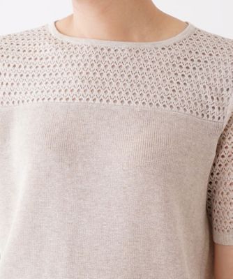 透かし編み切り替えクルーネックニット
