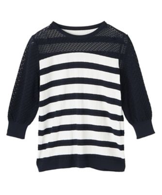 ROCHAS - ロシャス ニット トップス 七分袖 ボーダー柄 レース 日本製 大きいサイズ レディース 13+サイズ 白×グレー Rochas 7分袖ボーダーニットプルオーバー【ROCHAS