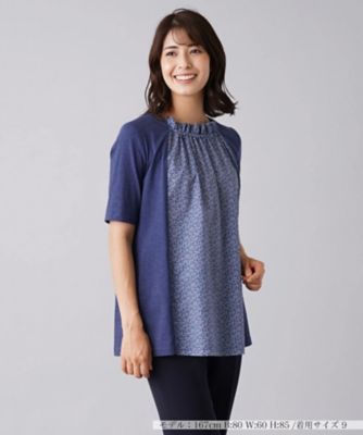 Leilian (Women)/レリアン フリルネックロゴ切替半袖プルオーバー